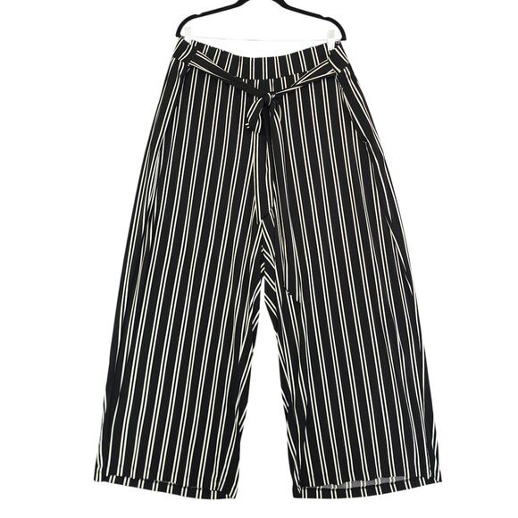 Lane Bryant Womens Tie Waist Wide Leg Pants Plus Size 26/28 Black White Stripe - Picture 1 of 14
